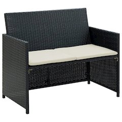 2-seater Sofa Black Poly Rattan, Powder-Coated Steel, Polyester