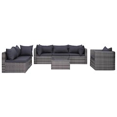 Sofa Set Grey Poly rattan, powder-coated steel, glass, polyester