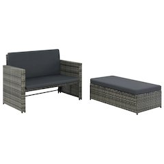 Sofa Set Gray Poly Rattan, Powder-coated Steel, Polyester 2-seater