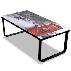 Coffee Table Black with Telephone Booth Print Tempered Glass, Iron