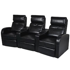 Recliner Sofa Black Faux Leather 3-seater Adjustable Footrests
