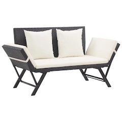 Outdoor Sun Bed Black rattan, creamy white cushions