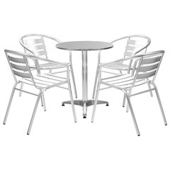 Dining Set Silver Aluminum Medium Stackable 5 Piece Dining Set
