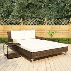 Sun Lounger Brown and Cream Poly Rattan, Powder-Coated Steel, Fabric