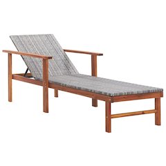 Sunlounger Grey Poly Rattan, Solid Acacia Wood Standard