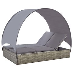 Sun Lounger With Canopy Grey and dark grey PE rattan Double