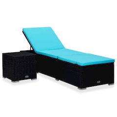 Sun Lounger Black, Blue PE Rattan, Powder-Coated Steel, Polyester