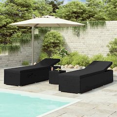 Sun Lounger Black Poly Rattan, Powder-Coated Steel, Polyester Large