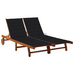 Sun Lounger Black Cushion, Natural Wood