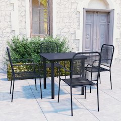 Garden Dining Set Black Powder-coated steel, glass, cotton rope