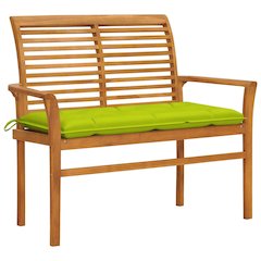 Patio Bench Natural wood, bright green cushion Smooth teak hardwood