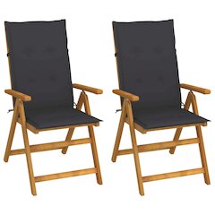 Garden Chair Set of 2 Gray Cushion, Natural Wood