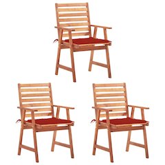 Patio Chair Set of 3 Natural wood and red cushion