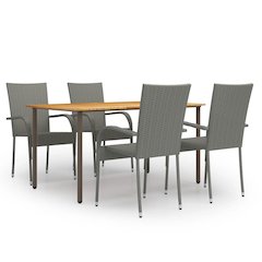 Dining Set Grey, Natural Solid Acacia Wood, PE Rattan, Steel Large