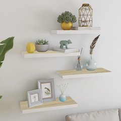 Wall Shelf Set of 4 Oak and White Honeycomb MDF, Metal Standard