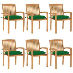 Patio Chair Set of 6 Natural Teak, Green Solid Teak Wood, Polyester