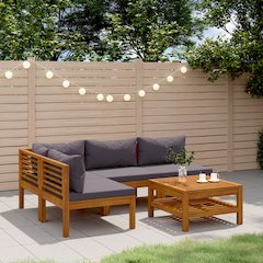 Wooden Lounge Set Dark grey cushions, natural wood frame