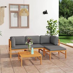 Garden Lounge Set Grey cushions Teak wood, Polyester Medium