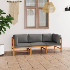 3-seater Garden Sofa Grey Teak Wood, 100% Polyester Large