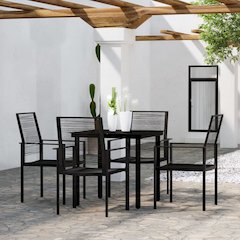 Dining Set Black Powder-Coated Steel, PVC hollow rattan, Glass