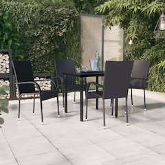 Garden Dining Set Black PE rattan, powder-coated steel, glass