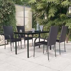 Garden Dining Set Black PE rattan, powder-coated steel, glass