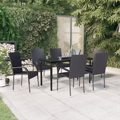 Garden Dining Set Black PE rattan, powder-coated steel, glass