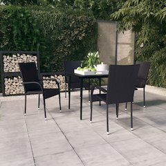 Garden Dining Set Black PE rattan, powder-coated steel, glass