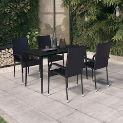 Garden Dining Set Black PE rattan, powder-coated steel, glass
