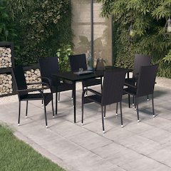 Garden Dining Set Black PE rattan, powder-coated steel, glass