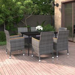 Garden Dining Set Poly rattan: Grey, Cushions: Dark grey, Table: Black