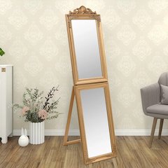 Free-standing Mirror Gold Glass, eucalyptus wood and engineered wood