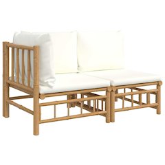 Garden Lounge Set Cream White Bamboo, Fabric (100% Polyester), Foam