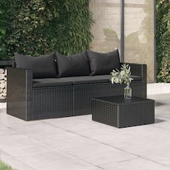 3-Seater Patio Sofa with Cushions Black Poly Rattan