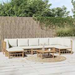 Garden Lounge Set Cream White, Natural Bamboo Bamboo, Polyester