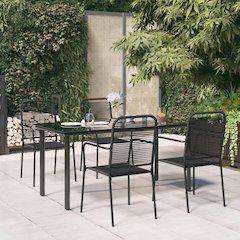 Garden Dining Set Black Cotton Rope, Powder-Coated Steel, Glass
