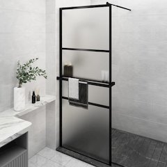 Walk-in Shower Wall with Shelf Black 31.5"x76.8" ESG Glass&Aluminum