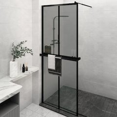 Walk-in Shower Wall with Shelf Black 31.5"x76.8" ESG Glass&Aluminum