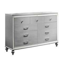 Furniture Valentine Solid Wood Dresser with 9 Drawers in Silver