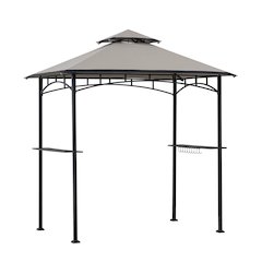 8x5ft 2-Tier Soft Top Gazebo Black Steel Grill Gazebo with Ceiling Hook, Shelves