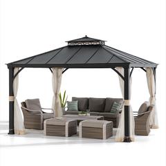 10 ft. x 12 ft. Brown Steel Gazebo with 2-tier Hip Roof Hard Top