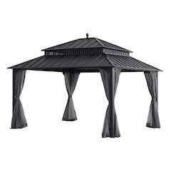 14 ft x 12 ft Aluminum Frame Steel Double Roof Hardtop Rectangular Gazebo, Grey
