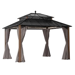 12 ft x 10 ft Hardtop Gazebo with Steel & PC Roof, Woodgrain Aluminum Frame