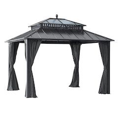 12 ft x 10 ft Hardtop Gazebo with Steel & PC Roof, Grey Aluminum Frame