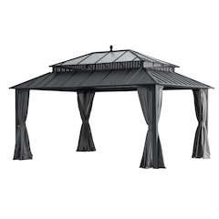 16 ft x 12 ft Hardtop Gazebo, Steel & PC Roof, Gray Woodgrain Aluminum