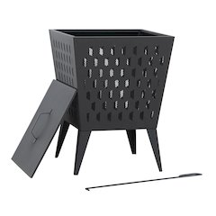 Powder-Coated Steel Wood-Burning Fire Pit with Mesh Lid and Poker, Black