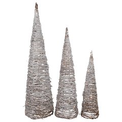 LED Lighted Snowy Rattan Christmas Cone Tree Decorations - 3.25' - Set of 3