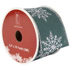 Green with Glitter Snowflakes Wired Craft Christmas Ribbon 2.5" x 10 Yards