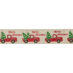 Green and Red Vintage Trucks with Christmas Trees Wired Craft Ribbon 2.5" x 16 Yards