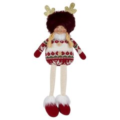 Sitting Plush Girl with Dangling Legs Christmas Figure - 16" - Cream and Red